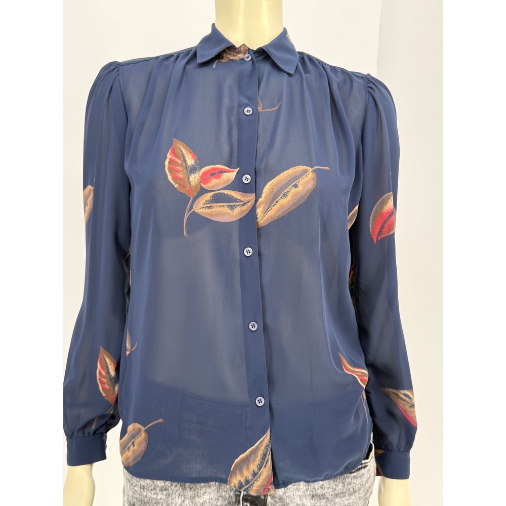 Saks Fifth Avenue Vintage Navy Blue Leaf Print Puff Sleeve Blouse Size 4